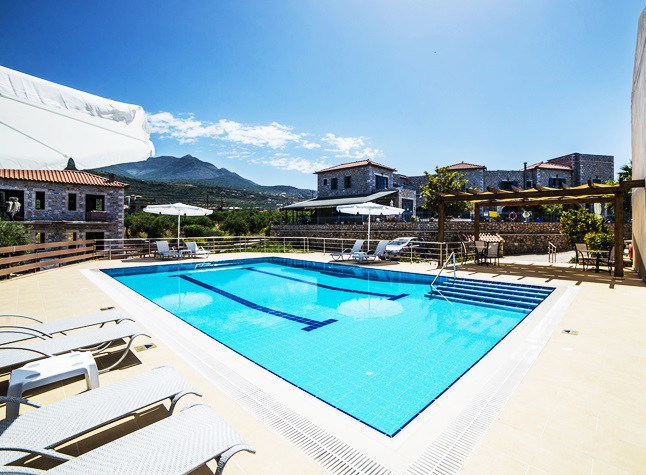 Pool area at Manis Rose Apartments, Stoupa, Peloponnese, Greece